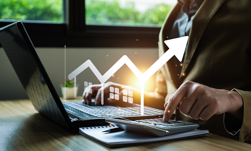 Kauf und Verkauf zeigt eine Person am Laptop sowie einen Taschenrechner