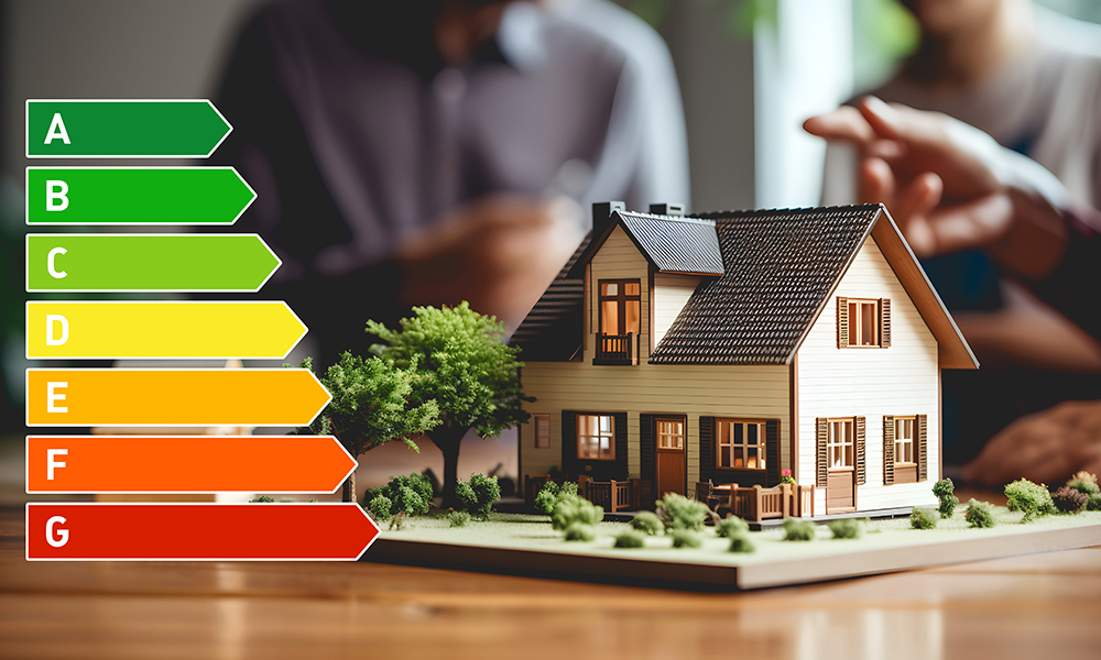 Sanierung / zeigt ein Hausmodell auf einem Tisch mit Personen im Hintergrund.