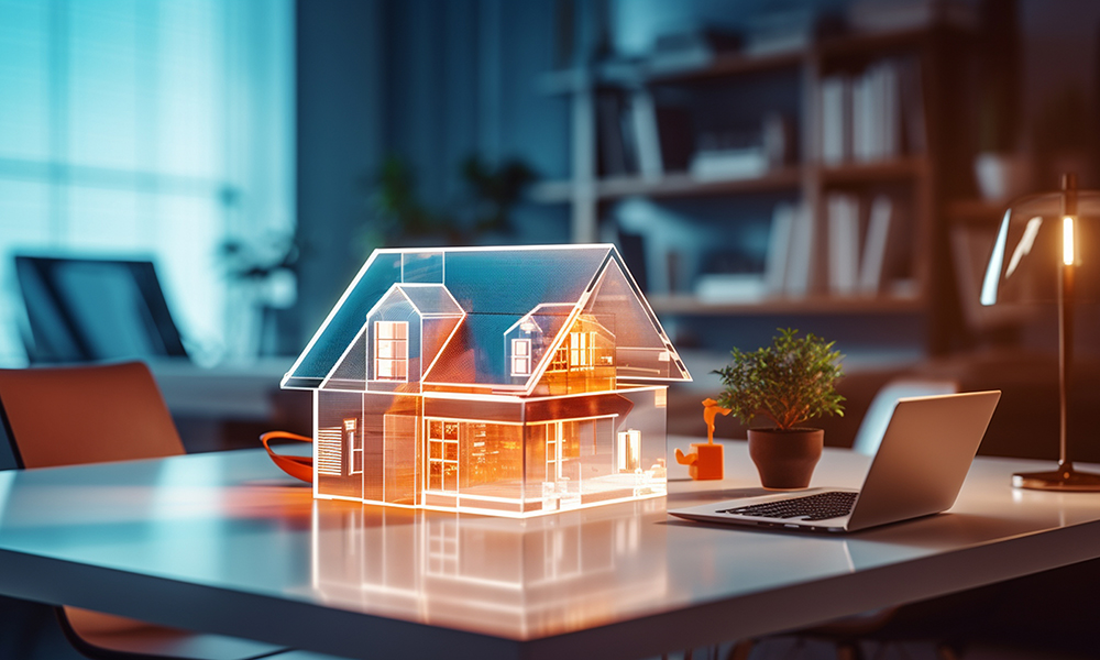 Verwaltung / Bildinhalt von einem beleuchteten Hausmodel was auf einen Tisch in einem Zimmer steht