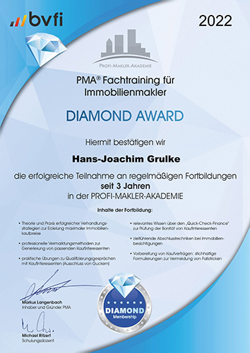 Hans Joachim Grulke 4100 PMAR Fachtraining fur Immobilienmakler Diamond Award 3 Jahre BVFI 500